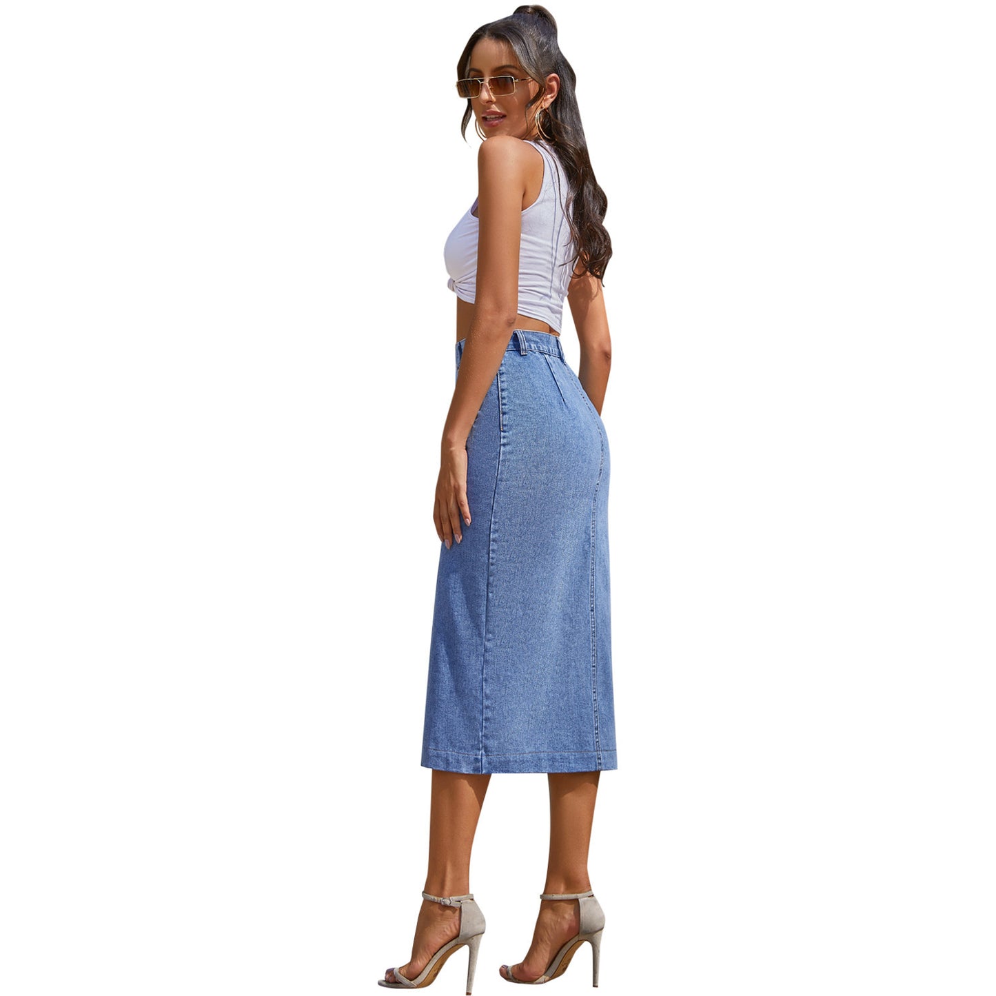 Slit denim High Waist long Skirt