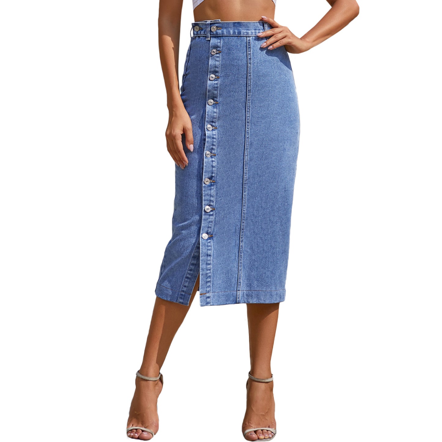 Slit denim High Waist long Skirt