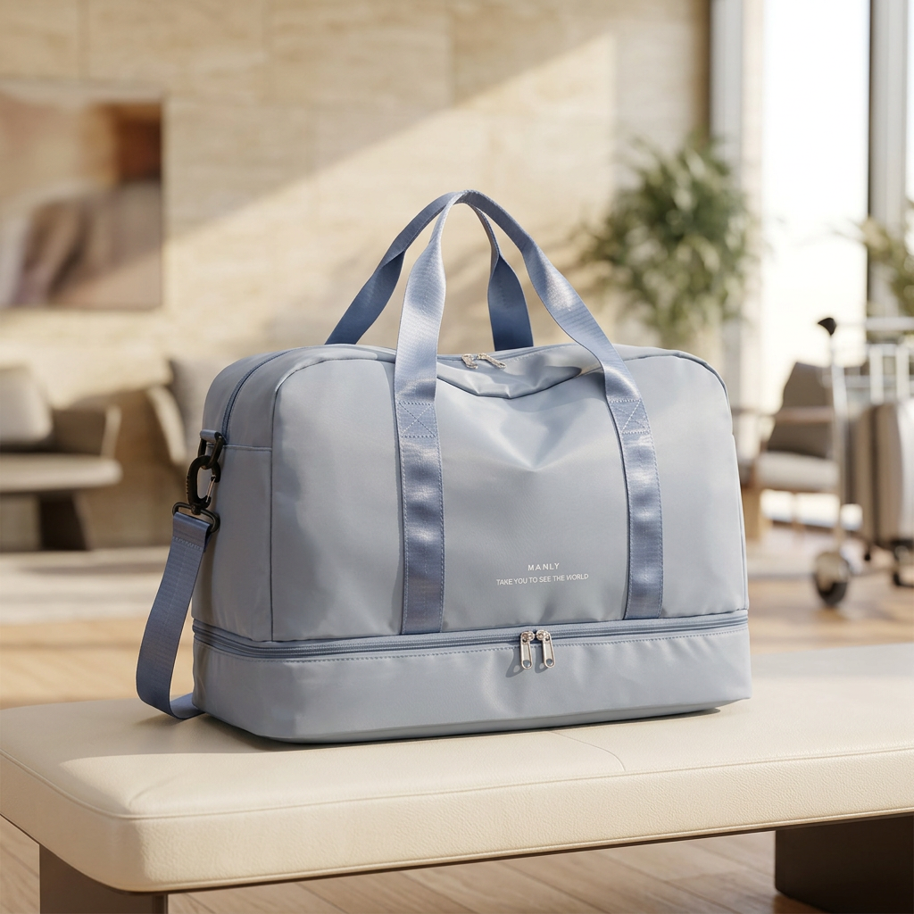 Blue-grey weekender bag in a bright ivory travel lounge