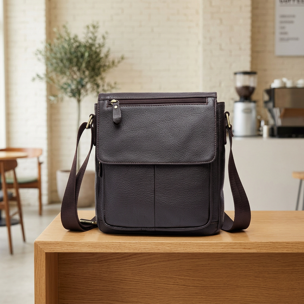 Coffee-colour shoulder bag in a bright café scene