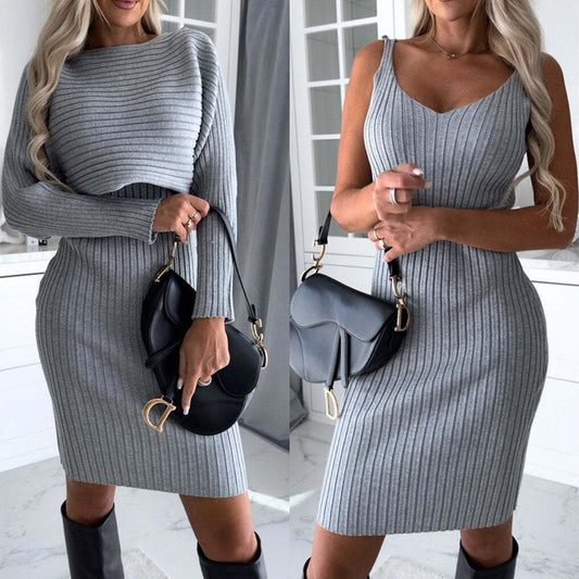 2pcs Suit Women's Solid Stripe Long-sleeved Top And Tight Suspender Skirt Fashion Slim Clothing